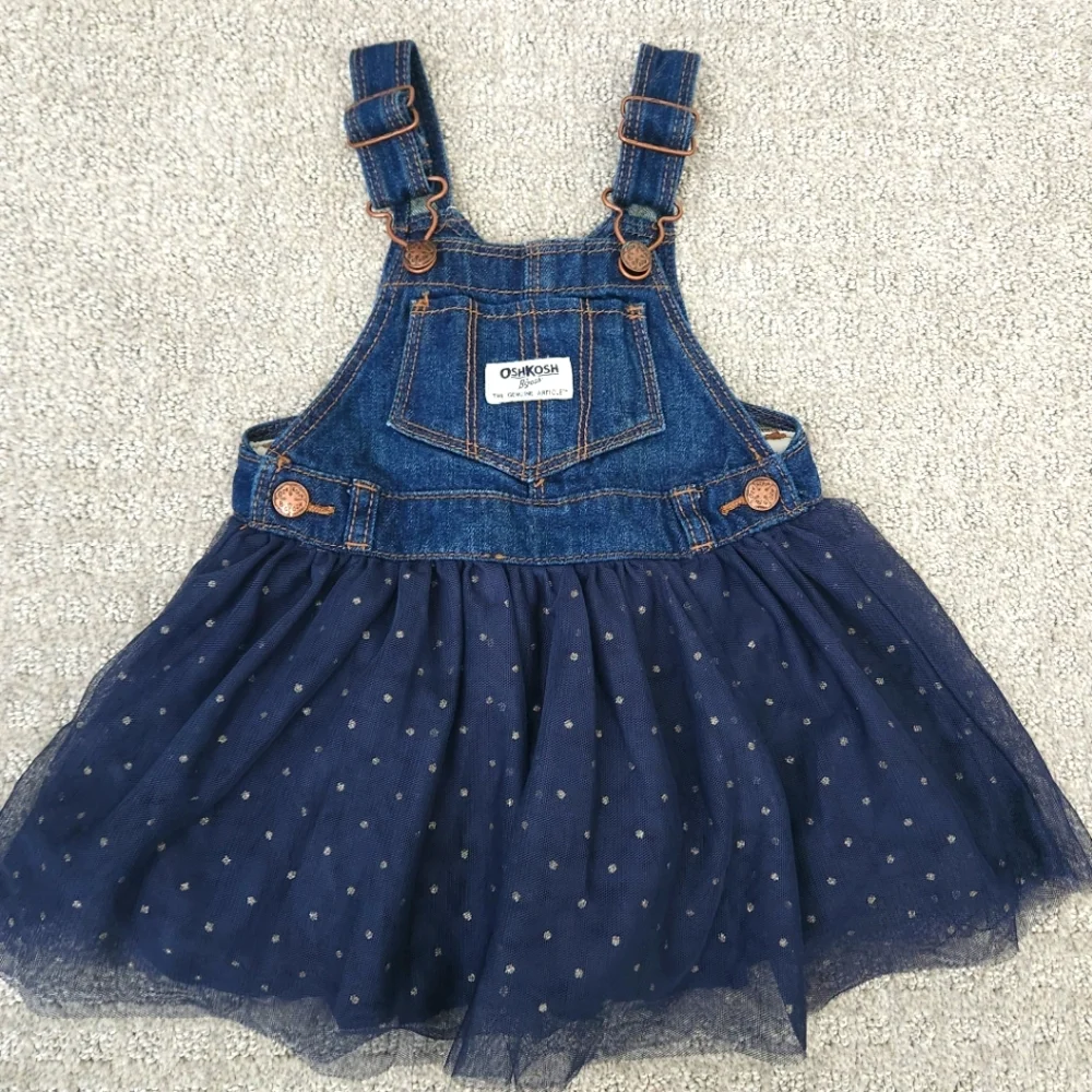 Oshkosh B’Gosh Vestbak Overall Dress Navy Tulle Sparkle Polka Dot Size 18 Months